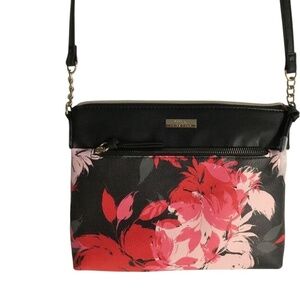 TRINA TURK Black/Watercolor Floral Pattern Purse With Long Adjustable Strap